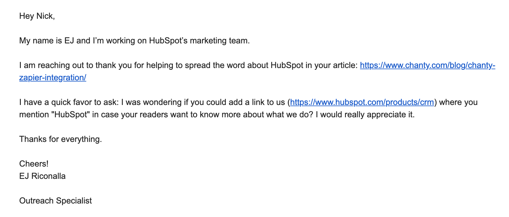 HubSpot email asking for a backlink from our website