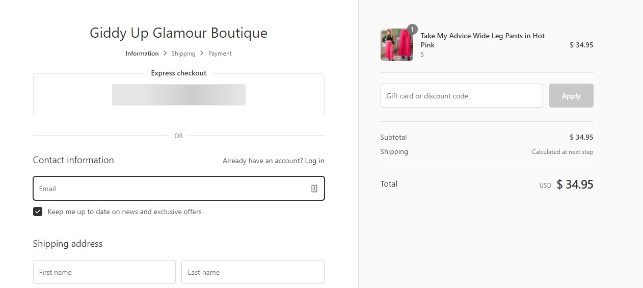 giddy up glamour boutique good checkout page example