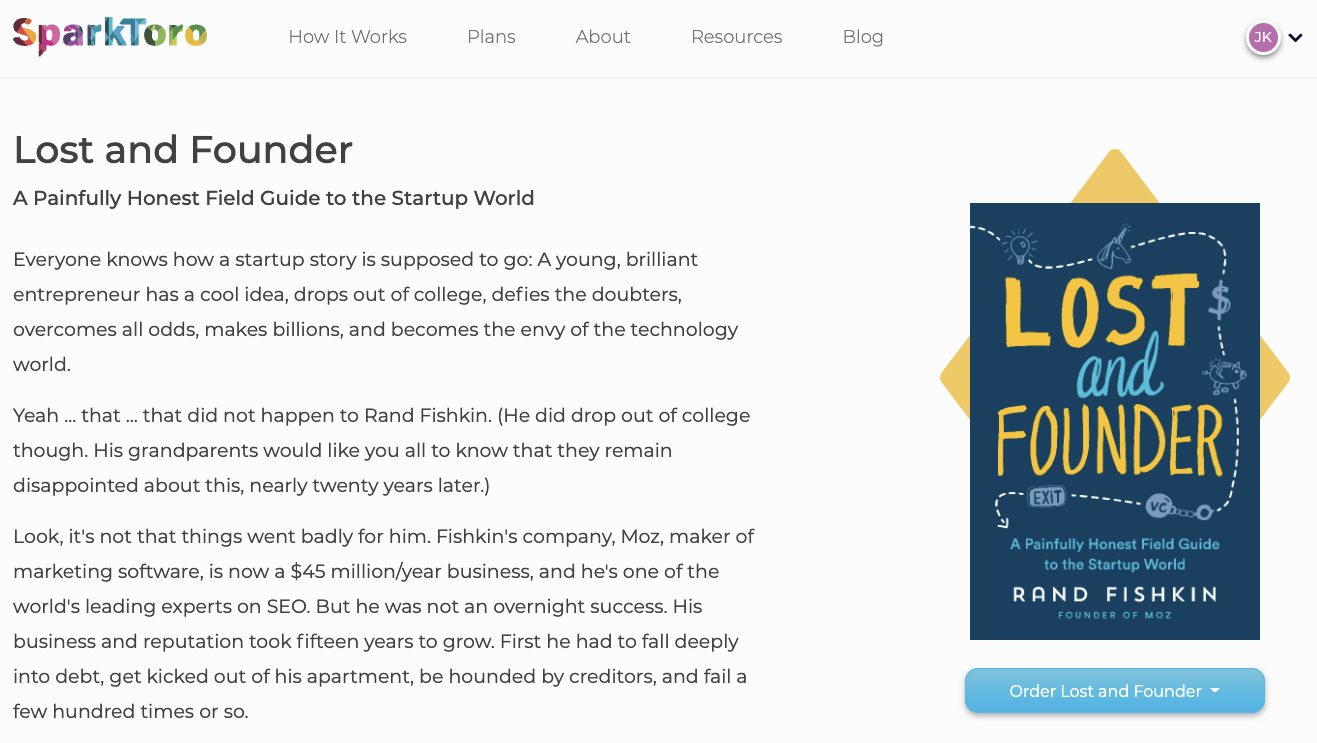 Lost and Founder book on SparkToro website